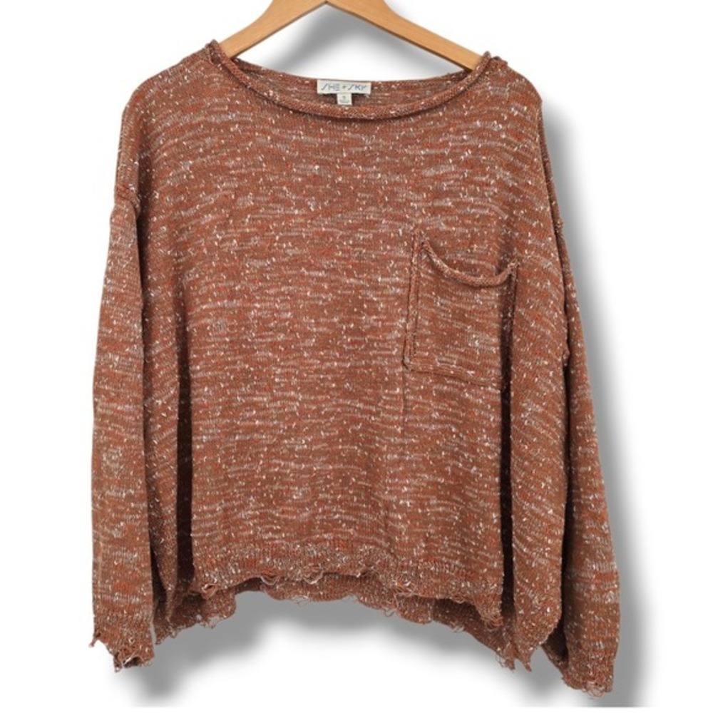 SHE+SKY Women's Speckled Knit‎ Sweater Pullover Long Sleeve Pocket Rust Orange S